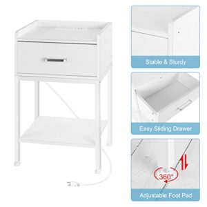 OYEAL White Nightstand, End Table with Charging Station 2-Tier Side Table with Drawer and Storage Shelf, Small Bedside Night Stand for Bedroom, Living Room, Easy Assembly, White