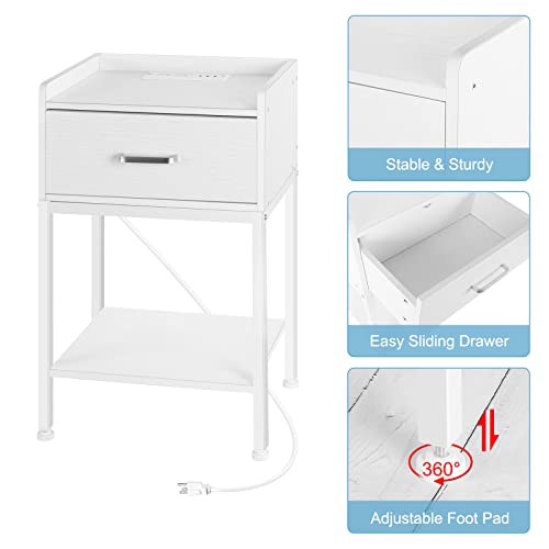 OYEAL White Nightstand, End Table with Charging Station 2-Tier Side Table with Drawer and Storage Shelf, Small Bedside Night Stand for Bedroom, Living Room, Easy Assembly, White