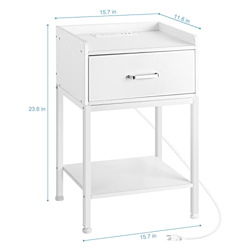 OYEAL White Nightstand, End Table with Charging Station 2-Tier Side Table with Drawer and Storage Shelf, Small Bedside Night Stand for Bedroom, Living Room, Easy Assembly, White