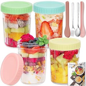 4pcs overnight oats container with lid and spoon, 14oz wide mason jar, reusable meal prep container, small glass container jar, food storage container for lunch, salad yogurt, cereal milk and more (includes recipe and storage box)