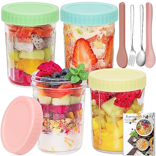 4PCS Overnight Oats Container with Lid and Spoon, 14oz Wide Mason Jar, Reusable Meal Prep Container, Small Glass Container Jar, Food Storage Container for Lunch, Salad Yogurt, Cereal Milk and more (includes recipe and storage box)