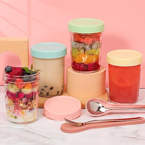 4PCS Overnight Oats Container with Lid and Spoon, 14oz Wide Mason Jar, Reusable Meal Prep Container, Small Glass Container Jar, Food Storage Container for Lunch, Salad Yogurt, Cereal Milk and more (includes recipe and storage box)