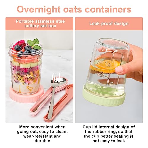 4PCS Overnight Oats Container with Lid and Spoon, 14oz Wide Mason Jar, Reusable Meal Prep Container, Small Glass Container Jar, Food Storage Container for Lunch, Salad Yogurt, Cereal Milk and more (includes recipe and storage box)