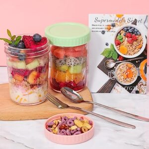 4PCS Overnight Oats Container with Lid and Spoon, 14oz Wide Mason Jar, Reusable Meal Prep Container, Small Glass Container Jar, Food Storage Container for Lunch, Salad Yogurt, Cereal Milk and more (includes recipe and storage box)