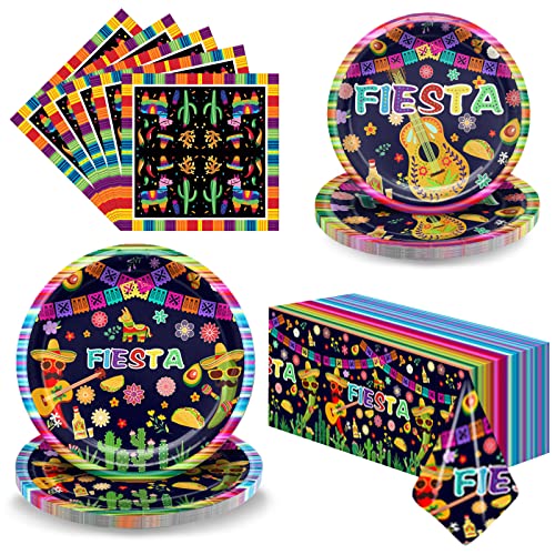 Mexican Fiesta Party Tableware Set,Mexican Party Supplies Decorations，Including 25 Disposable 9&7inch Paper Plates,25 Napkins and 1 Tablecloth for Fiesta Theme Birthday Party, 25 Guests