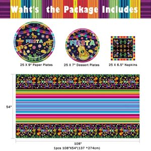 Mexican Fiesta Party Tableware Set,Mexican Party Supplies Decorations，Including 25 Disposable 9&7inch Paper Plates,25 Napkins and 1 Tablecloth for Fiesta Theme Birthday Party, 25 Guests