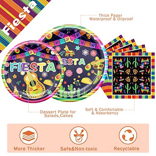 Mexican Fiesta Party Tableware Set,Mexican Party Supplies Decorations，Including 25 Disposable 9&7inch Paper Plates,25 Napkins and 1 Tablecloth for Fiesta Theme Birthday Party, 25 Guests