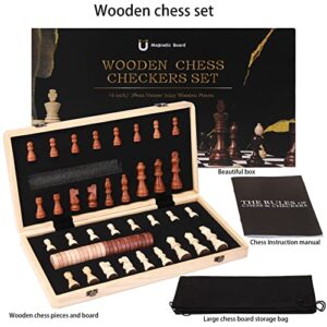 Ralout Chess Set 15" Magnetic Wooden Board Game - 2 in 1 Chess and Checkers Game Set for Adults and Kids (Magnetic)