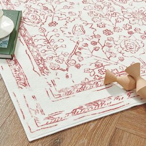 jinchan Area Rug 8x10 Persian Rug Washable Boho Living Room Rug Floral Print Large Rug Indoor Soft Distressed Carpet Thin Rug Bedroom Dining Room Office Farmhouse Red On Cream