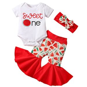 baby girl first birthday outfit sweet one fruit short sleeve romper top flare pants headband 3pcs cake smash clothes (watermelon, 6-12 months)