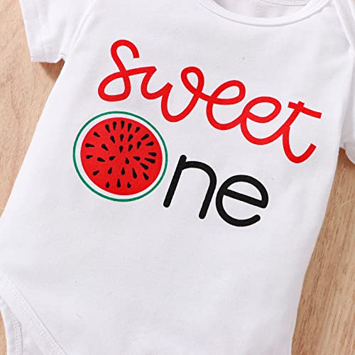 Baby Girl First Birthday Outfit Sweet One Fruit Short Sleeve Romper Top Flare Pants Headband 3Pcs Cake Smash Clothes (Watermelon, 6-12 Months)