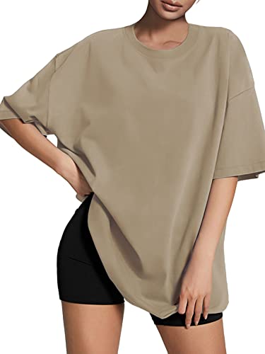 ATHMILE Womens Oversized T Shirts Loose Fit Crewneck Short Sleeve Tops Summer Casual Blouse 2023 Y2K Basic Tee Khaki