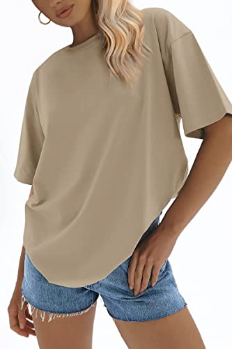 ATHMILE Womens Oversized T Shirts Loose Fit Crewneck Short Sleeve Tops Summer Casual Blouse 2023 Y2K Basic Tee Khaki