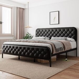 ipormis king size metal bed frame with faux leather button tufted headboard and footboard, heavy duty platform bed with 17 steel slats,12" under-bed space, no box spring needed, noise-free, black