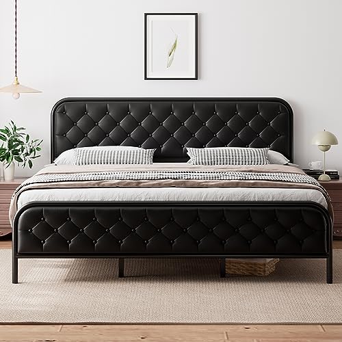 iPormis King Size Metal Bed Frame with Faux Leather Button Tufted Headboard and Footboard, Heavy Duty Platform Bed with 17 Steel Slats,12" Under-Bed Space, No Box Spring Needed, Noise-Free, Black