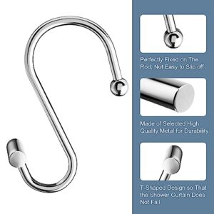 BBLHOME Shower Curtain Hooks Rings, Rustproof Metal Shower Curtain Hooks Rings for Bathroom Shower Curtain Rod, T-Shaped Decorative Shower Hooks Rings, Set of 12 (Chrome)