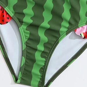 WDIRARA Toddler Girl's 2 Piece Set Watermelon Print Ruffle Trim Swimwear High Neck Bikini Swimsuit Pink and Green 5Y