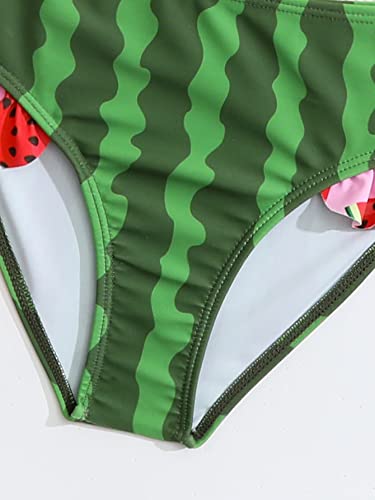 WDIRARA Toddler Girl's 2 Piece Set Watermelon Print Ruffle Trim Swimwear High Neck Bikini Swimsuit Pink and Green 5Y