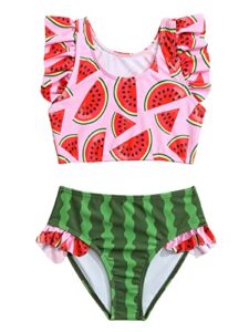 wdirara toddler girl's 2 piece set watermelon print ruffle trim swimwear high neck bikini swimsuit pink and green 5y