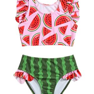 WDIRARA Toddler Girl's 2 Piece Set Watermelon Print Ruffle Trim Swimwear High Neck Bikini Swimsuit Pink and Green 5Y