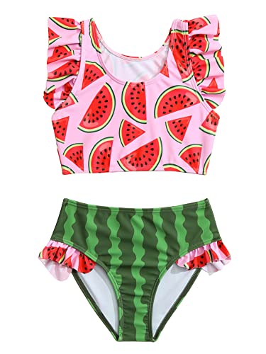 WDIRARA Toddler Girl's 2 Piece Set Watermelon Print Ruffle Trim Swimwear High Neck Bikini Swimsuit Pink and Green 5Y