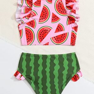 WDIRARA Toddler Girl's 2 Piece Set Watermelon Print Ruffle Trim Swimwear High Neck Bikini Swimsuit Pink and Green 5Y