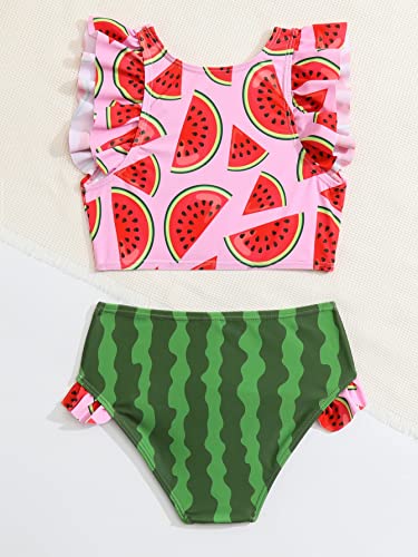 WDIRARA Toddler Girl's 2 Piece Set Watermelon Print Ruffle Trim Swimwear High Neck Bikini Swimsuit Pink and Green 5Y