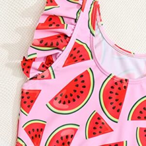 WDIRARA Toddler Girl's 2 Piece Set Watermelon Print Ruffle Trim Swimwear High Neck Bikini Swimsuit Pink and Green 5Y