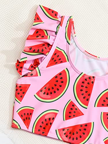 WDIRARA Toddler Girl's 2 Piece Set Watermelon Print Ruffle Trim Swimwear High Neck Bikini Swimsuit Pink and Green 5Y