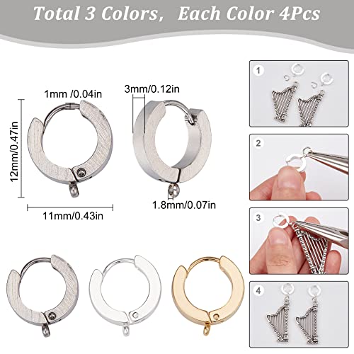 SUNNYCLUE 1 Box 12Pcs 3 Color Huggie Hoop Earrings Silver Leverback Earrings Findings Stainless Steel Earring Hoops French Earwire with Open Loop Leverbacks for Jewellery Making Women DIY Crafts