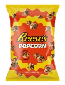 reese's popcorn, 5.25oz grocery sized bag, popcorn coated in chocolatey drizzle and peanut butter crème, ready to eat, savory snack, sweet and salty snacks