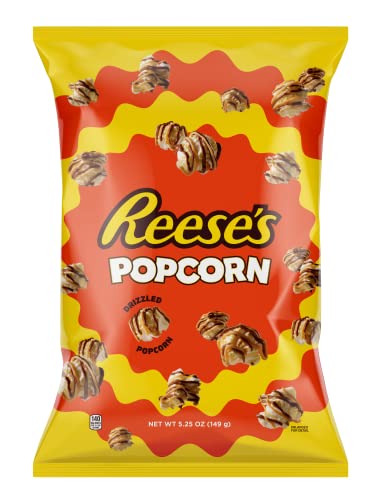 Reese's Popcorn, 5.25oz Grocery Sized Bag, Popcorn Coated in Chocolatey Drizzle and Peanut Butter Crème, Ready to Eat, Savory Snack, Sweet and Salty Snacks