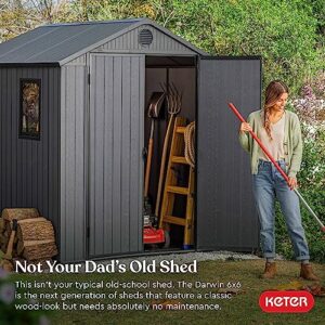 Keter Darwin 6 x 6 Foot Spacious Heavy Duty Outdoor Storage Shed for Organizing Garden Accessories and Tools with Double Doors and High Ceiling, Gray