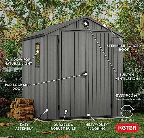 Keter Darwin 6 x 6 Foot Spacious Heavy Duty Outdoor Storage Shed for Organizing Garden Accessories and Tools with Double Doors and High Ceiling, Gray