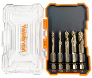 nordwolf 5-piece m35 cobalt stubby drill bit set for stainless steel & hard metals, with 1/4" hex shank for quick chucks & impact drivers, sae sizes 5/32"-13/64"-9/32"-11/32"-3/8" in storage box