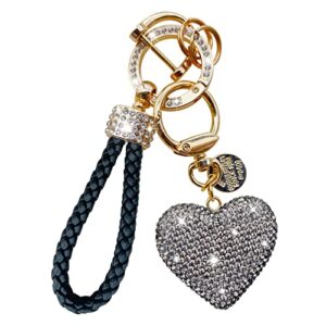 crystal car keychain for women with bling rhinestone heart shape keychains pendant cute keychain, black bling heart pretty car key chain accessories for women and girls gifts