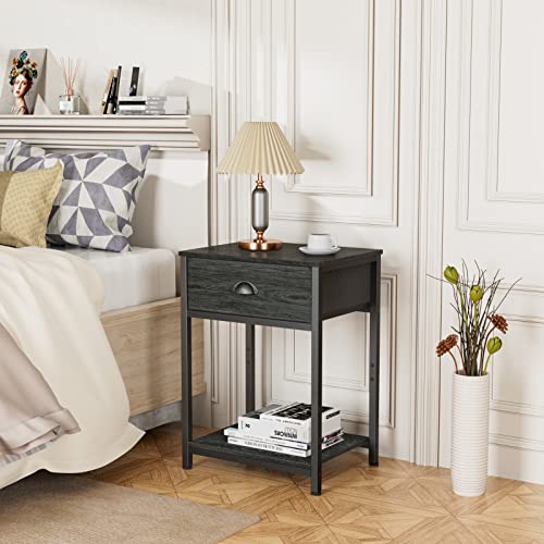 Nightstand with Fabric Drawer & Storage Shelf, Small Bedside Table Organizer for Small Space, 2 Tiers Industrial End Table, Side Table for Living Room, Tall 23.6" Night Stand for Bedroom, Black Oak