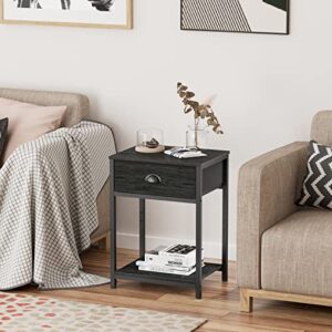 Nightstand with Fabric Drawer & Storage Shelf, Small Bedside Table Organizer for Small Space, 2 Tiers Industrial End Table, Side Table for Living Room, Tall 23.6" Night Stand for Bedroom, Black Oak