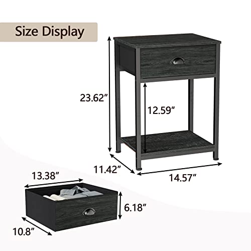 Nightstand with Fabric Drawer & Storage Shelf, Small Bedside Table Organizer for Small Space, 2 Tiers Industrial End Table, Side Table for Living Room, Tall 23.6" Night Stand for Bedroom, Black Oak