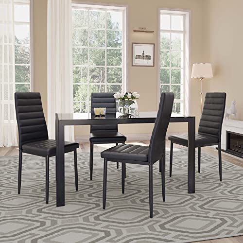 Gizoon 5 Piece Glass Dining Table Set, Kitchen and Chairs for 4, PU Leather Modern Room Sets Home (Black)