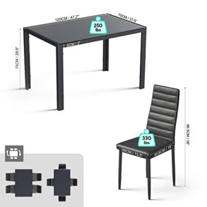 Gizoon 5 Piece Glass Dining Table Set, Kitchen and Chairs for 4, PU Leather Modern Room Sets Home (Black)