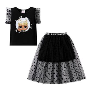 l.o.l. surprise! kid girl 2pcs character printed mesh dress flutter-sleeve tee and polka dots overlay skirt set black 7-8 years
