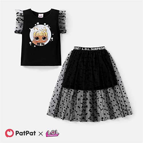 L.O.L. Surprise! Kid Girl 2pcs Character Printed Mesh Dress Flutter-sleeve Tee and Polka Dots Overlay Skirt Set Black 7-8 Years