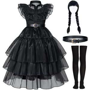 wednesday addams dress up costume for girls birthday halloween cosplay party with wig socks belts 10-11 years (150cm)