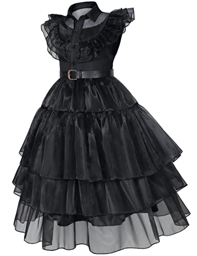 Wednesday Addams Dress Up Costume for Girls Birthday Halloween Cosplay Party with Wig Socks Belts 10-11 Years (150cm)