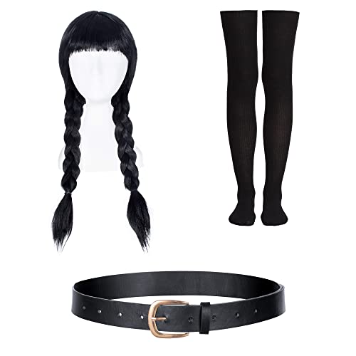 Wednesday Addams Dress Up Costume for Girls Birthday Halloween Cosplay Party with Wig Socks Belts 10-11 Years (150cm)