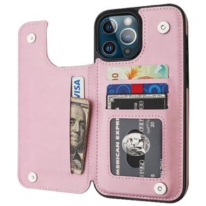 onetop compatible with iphone 13 pro max wallet case with card holder,pu leather kickstand card slots case, double magnetic clasp and durable shockproof cover 6.7 inch(pink)