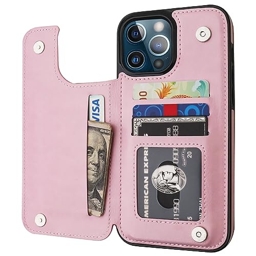 Onetop Compatible with iPhone 13 Pro Max Wallet Case with Card Holder,PU Leather Kickstand Card Slots Case, Double Magnetic Clasp and Durable Shockproof Cover 6.7 Inch(Pink)