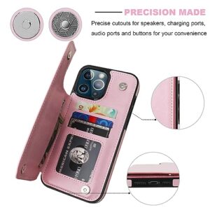 Onetop Compatible with iPhone 13 Pro Max Wallet Case with Card Holder,PU Leather Kickstand Card Slots Case, Double Magnetic Clasp and Durable Shockproof Cover 6.7 Inch(Pink)