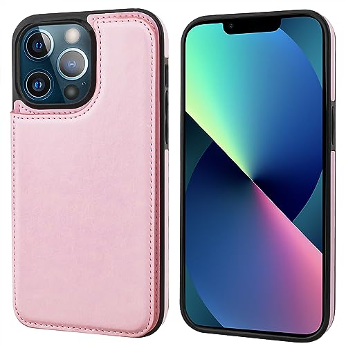Onetop Compatible with iPhone 13 Pro Max Wallet Case with Card Holder,PU Leather Kickstand Card Slots Case, Double Magnetic Clasp and Durable Shockproof Cover 6.7 Inch(Pink)